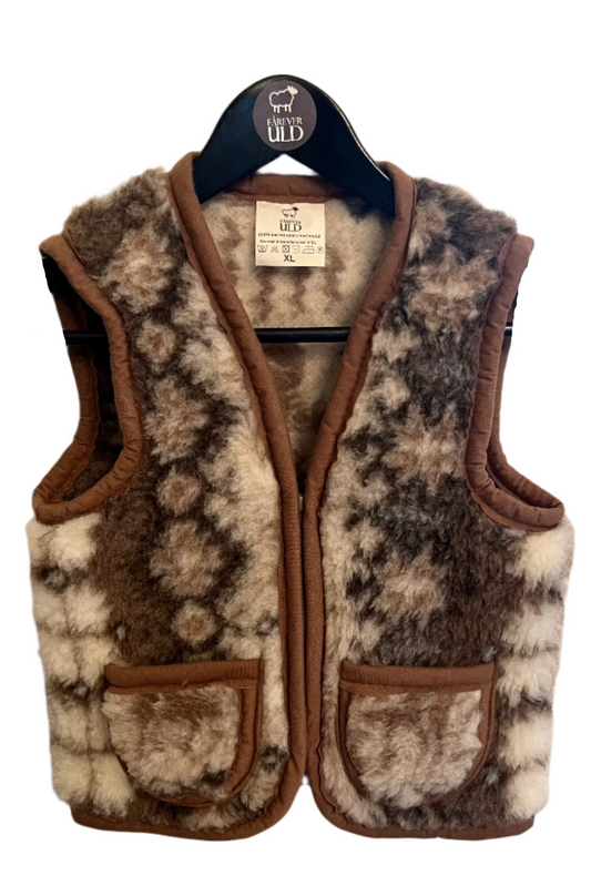 brun varm stilful teddy vest til born fra merino uld - med lommer
