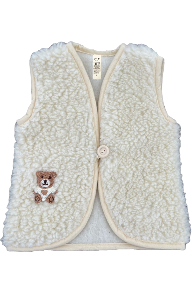 white soft kids merino wool vest with cute teddybear motive - blød uldvest til børn med bamse