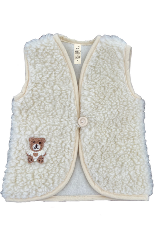 white soft kids merino wool vest with cute teddybear motive - blød uldvest til børn med bamse